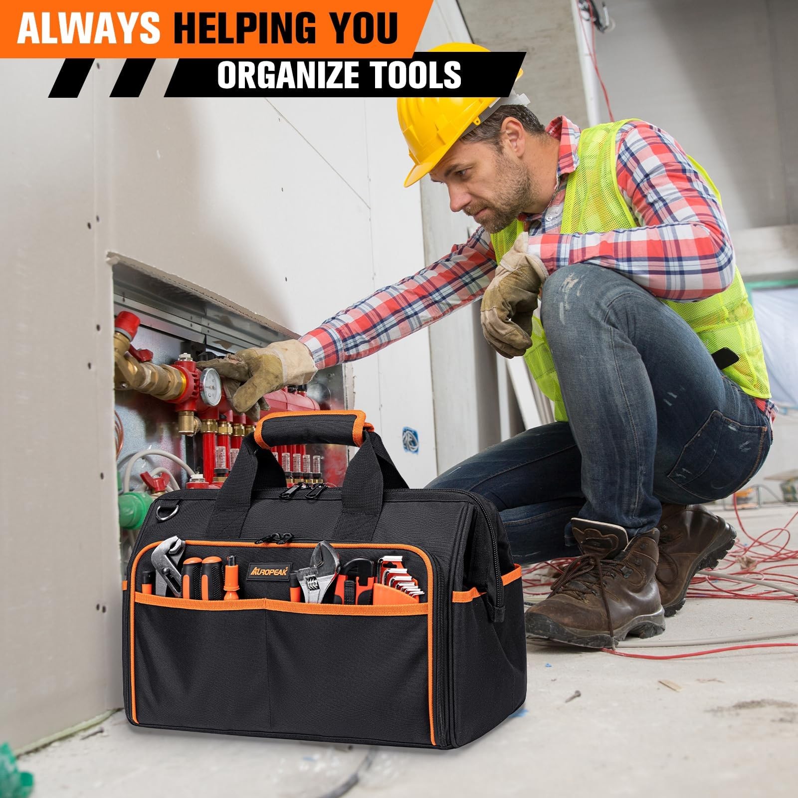 Heavy Duty Tool Bag 17.3-Inch, 26-Pocket Large Tool Bags for Men Women with