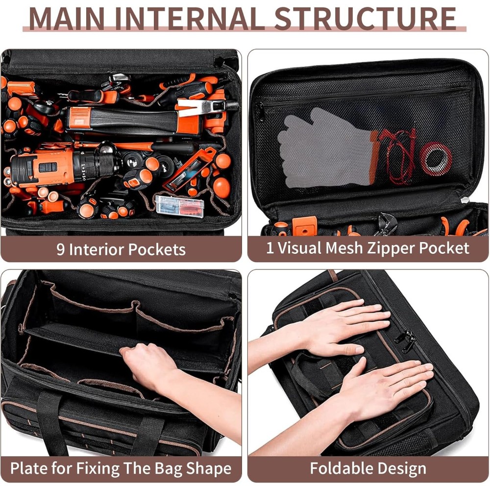 17″ Oxford Tool Tote W/ Padded Handle – Multi-Pocket Organizer for Electricians