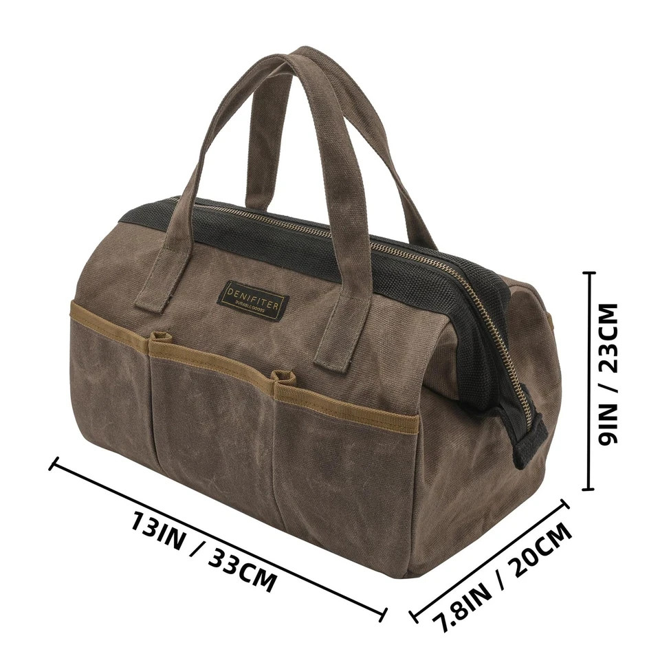 Tool Bag, 13-inch Heavy Duty 16oz Waxed Canvas Wide Mouth Water-Resistant Too