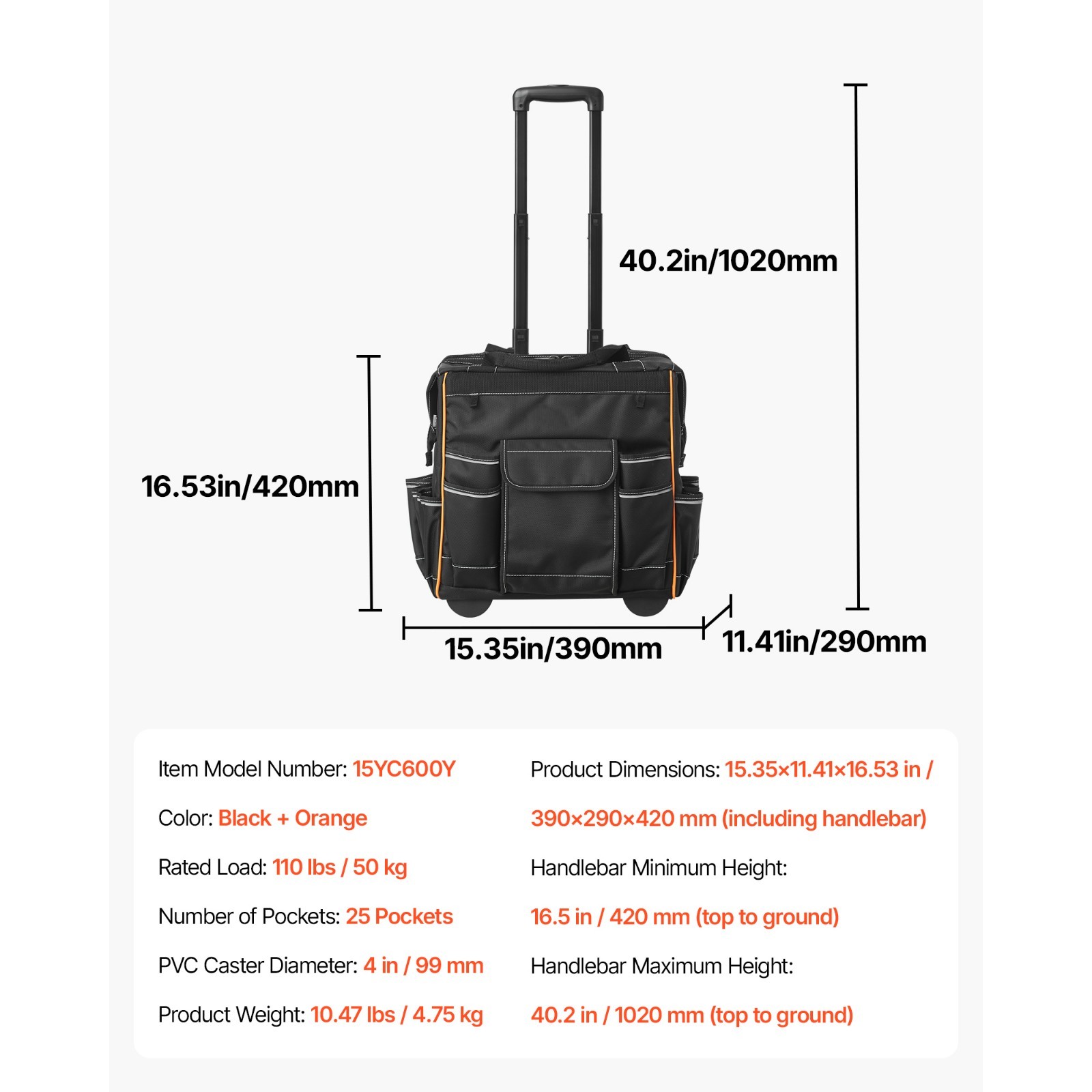 Rolling Tool Bag with Wheels, 110 lbs Load Capacity,25 Pockets,Adjustable Handle