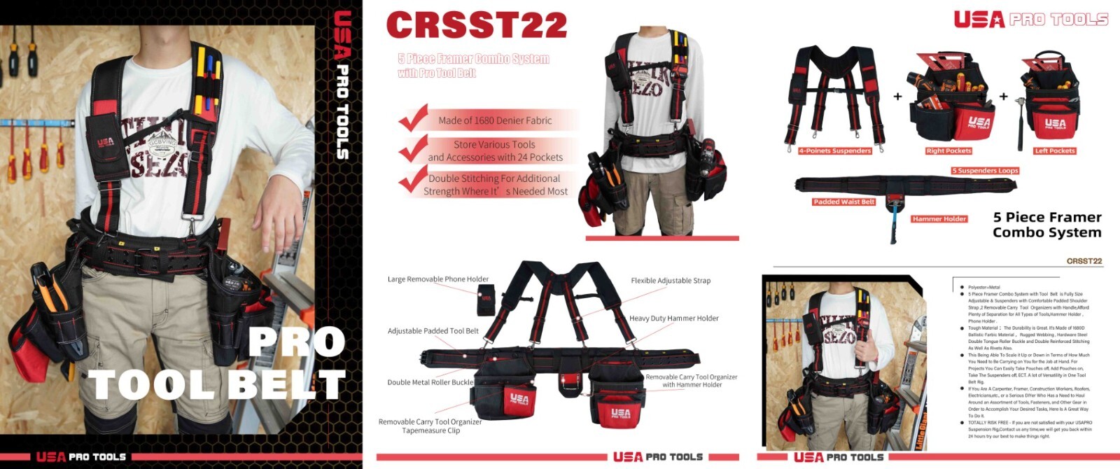 Professional Contractor Tool Rig Gear Organizer Pouch W/ Suspenders Belt H Duty.