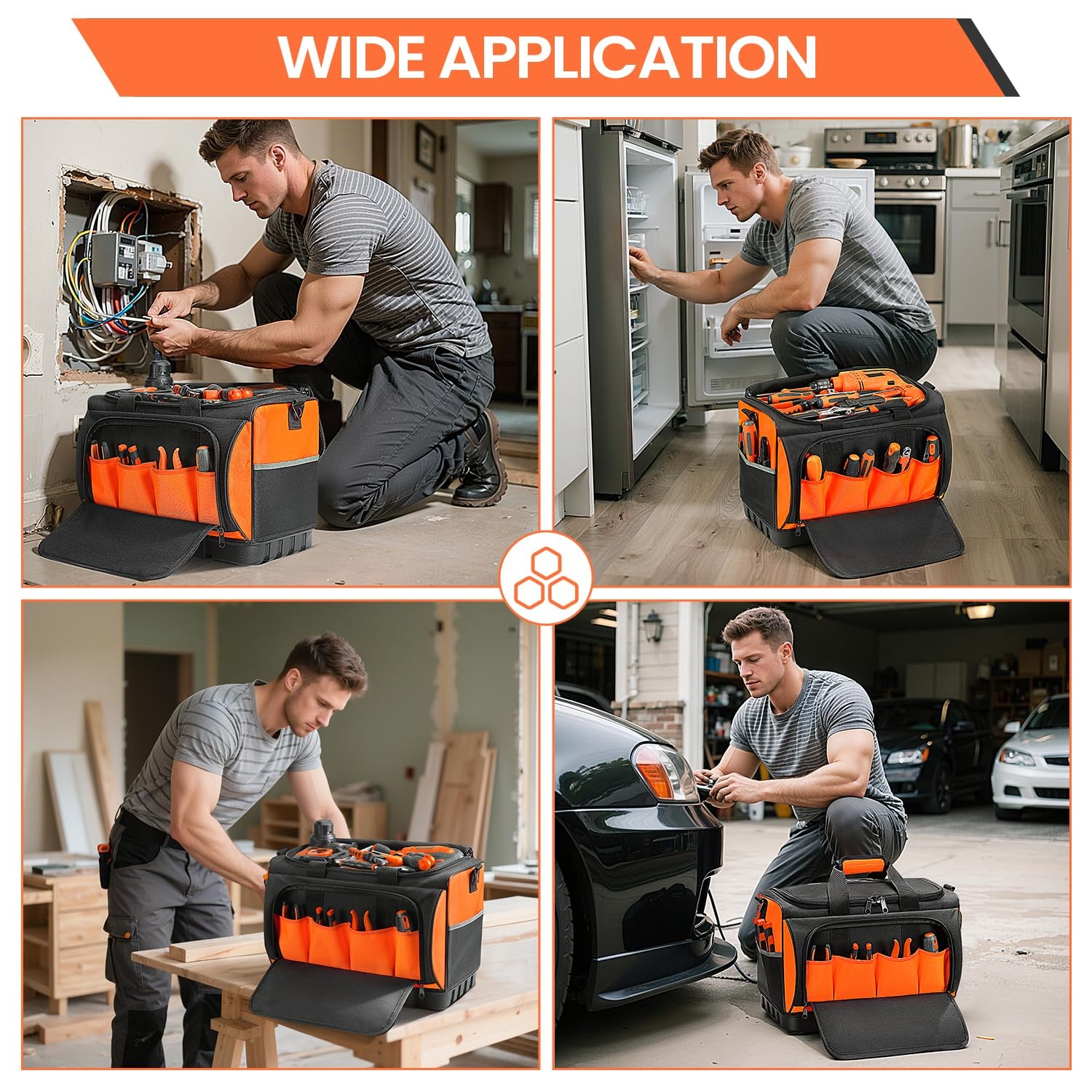 17.7×12.6×11 Inch 18 Pocket Wide Mouth Tool Bag Waterproof Base Black Orange