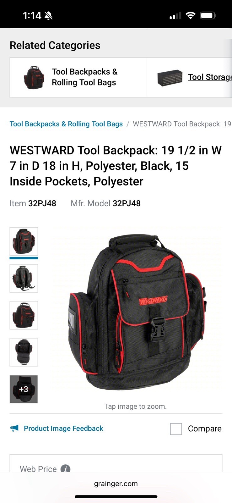 Westward 32PJ48 Tool Backpack Black/Red Polyester 15 Inside Pockets 19.5x7x18in