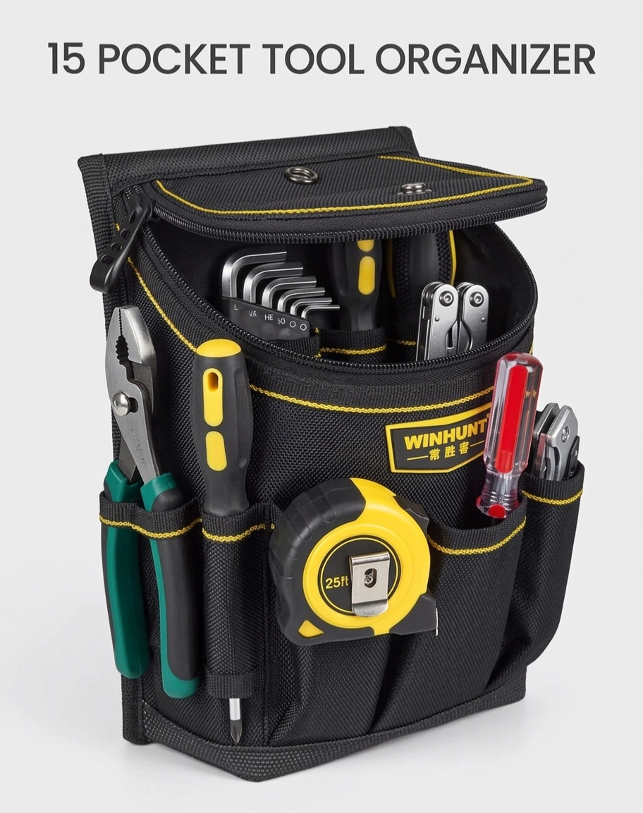 Professional 15-Pocket Tool Belt Pouch Heavy Duty Electrician Waist Bag Black
