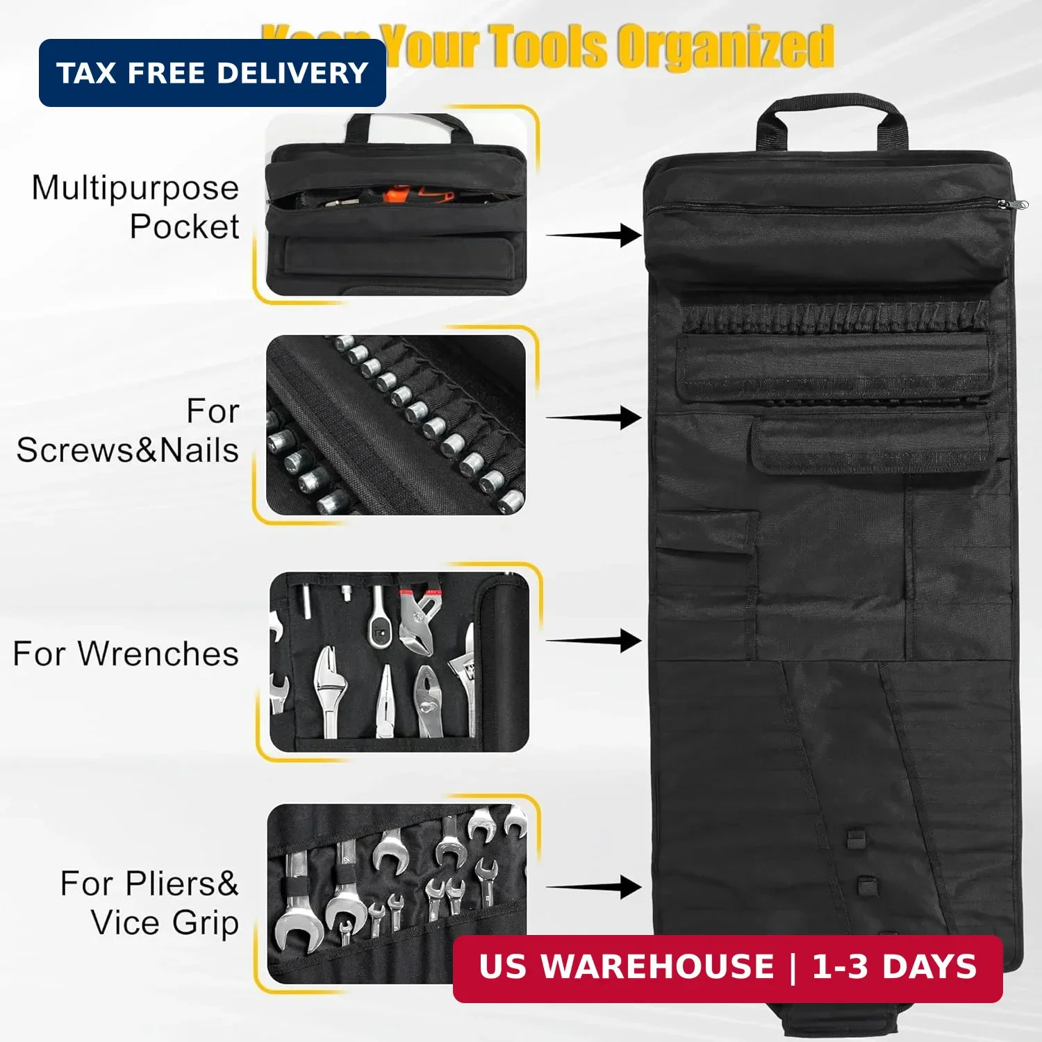 Tool Bag,Large Roll-Up Tool Bag Organizer with 28 Pocket Organizer, 34 Socket Sl