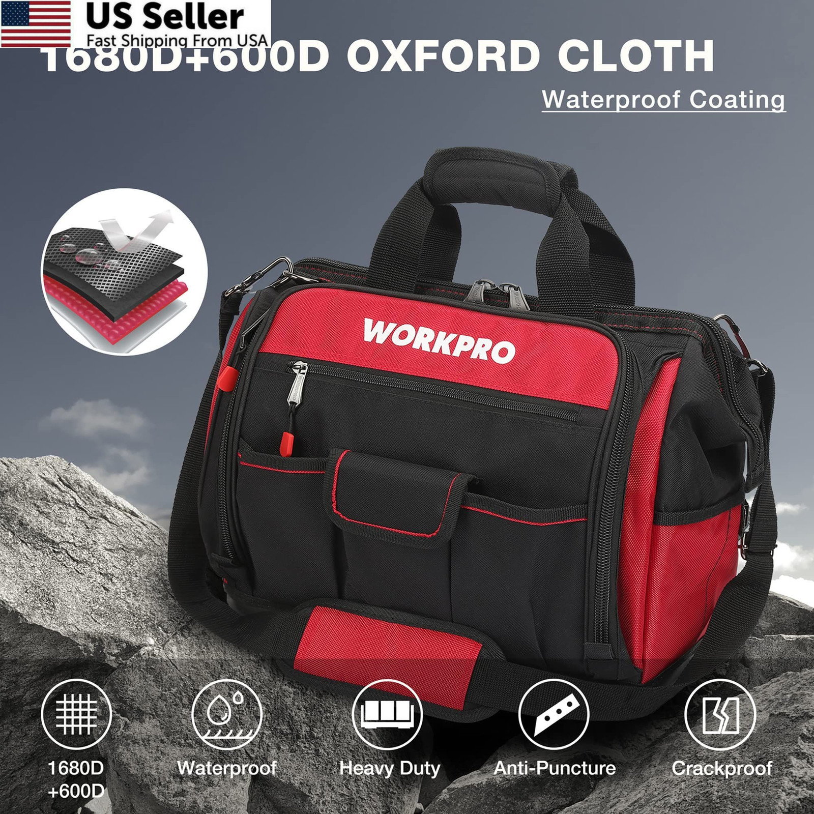 WORKPRO 16″ Top Wide Mouth Tool Bag with Water Proof Rubber Large, [‘Black’]