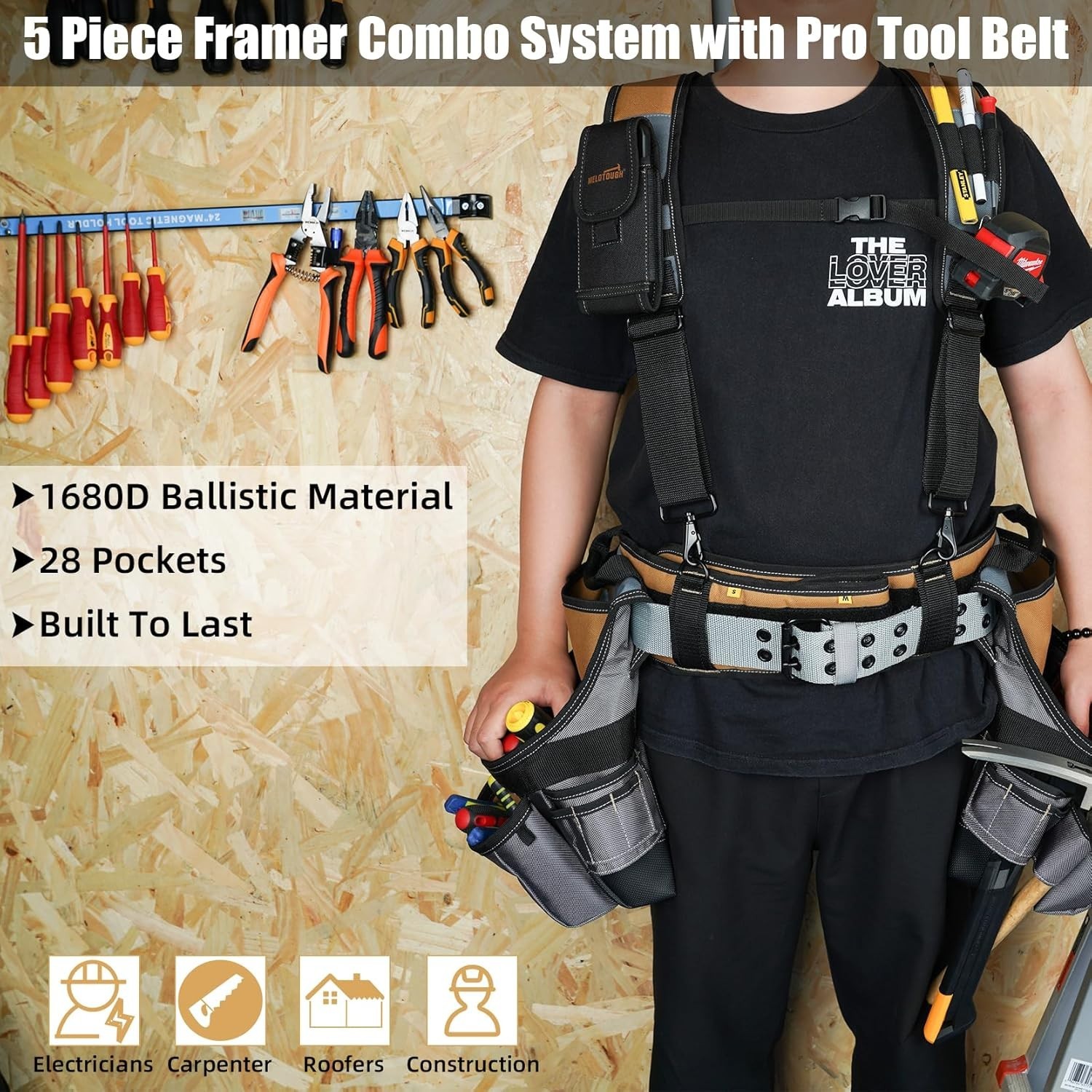 Adjustable 28-Pocket Tool Rig with Heavy Duty Suspenders for Craftsmen – Khaki