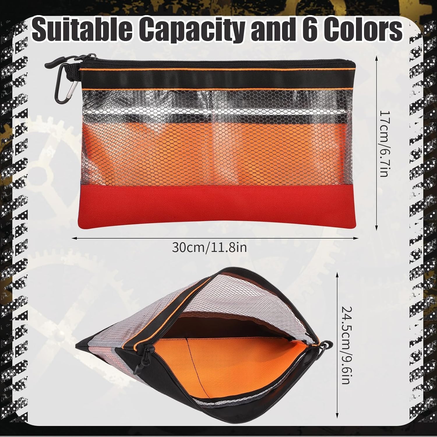 Clear Tool Pouch Bags Set of 6 Multicolor Heavy Duty Zipper Closure 11.8 Inches