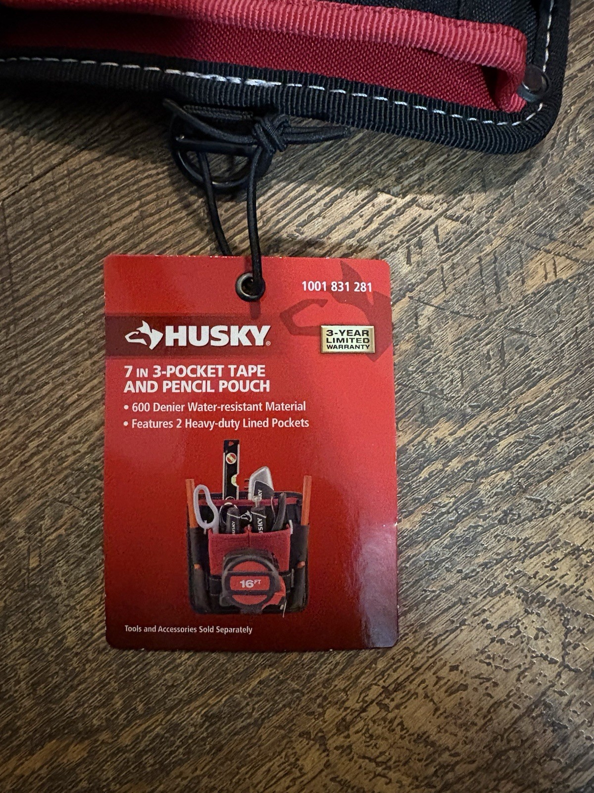Husky 7 in 3-Pocket Tool Belt Pouch Water Resistant 600D Red/Black