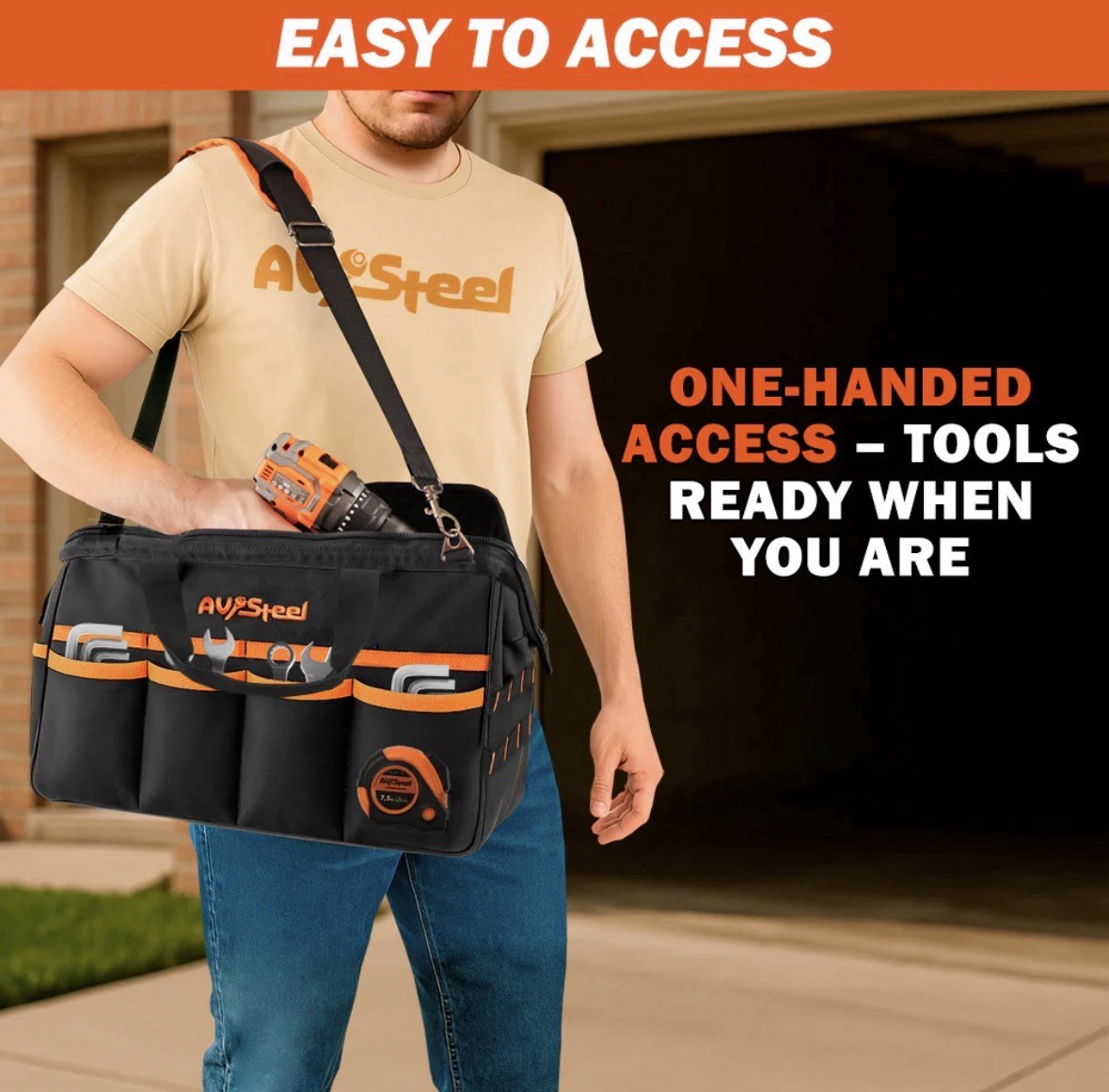Tool Bag Wide Mouth 16 Pockets Adjustable Shoulder Strap Tool Clip Oxford 1680D