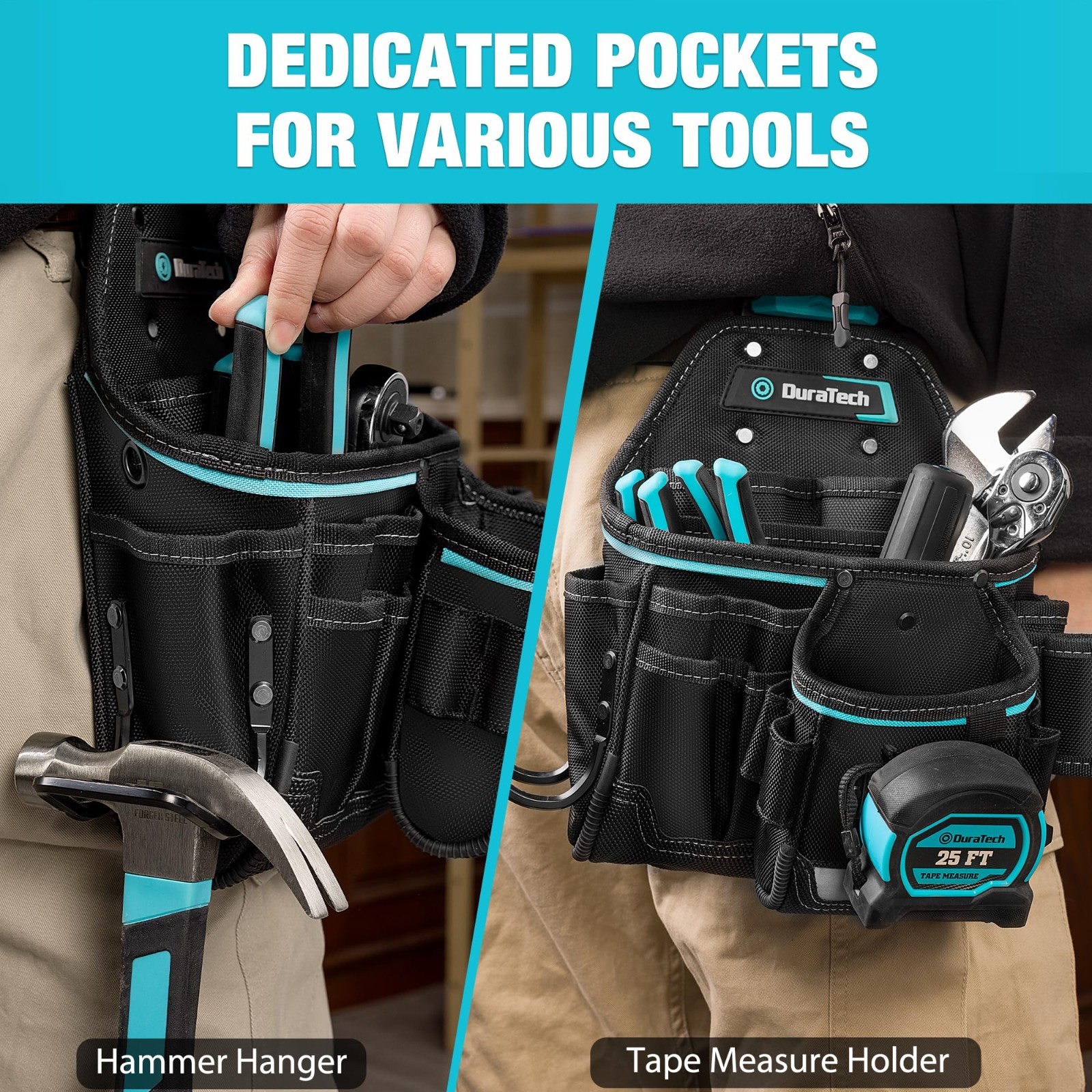 Electrician Tool Pouch with Belt Clip, Tape Measure Holder, Hammer Loop, Quick R