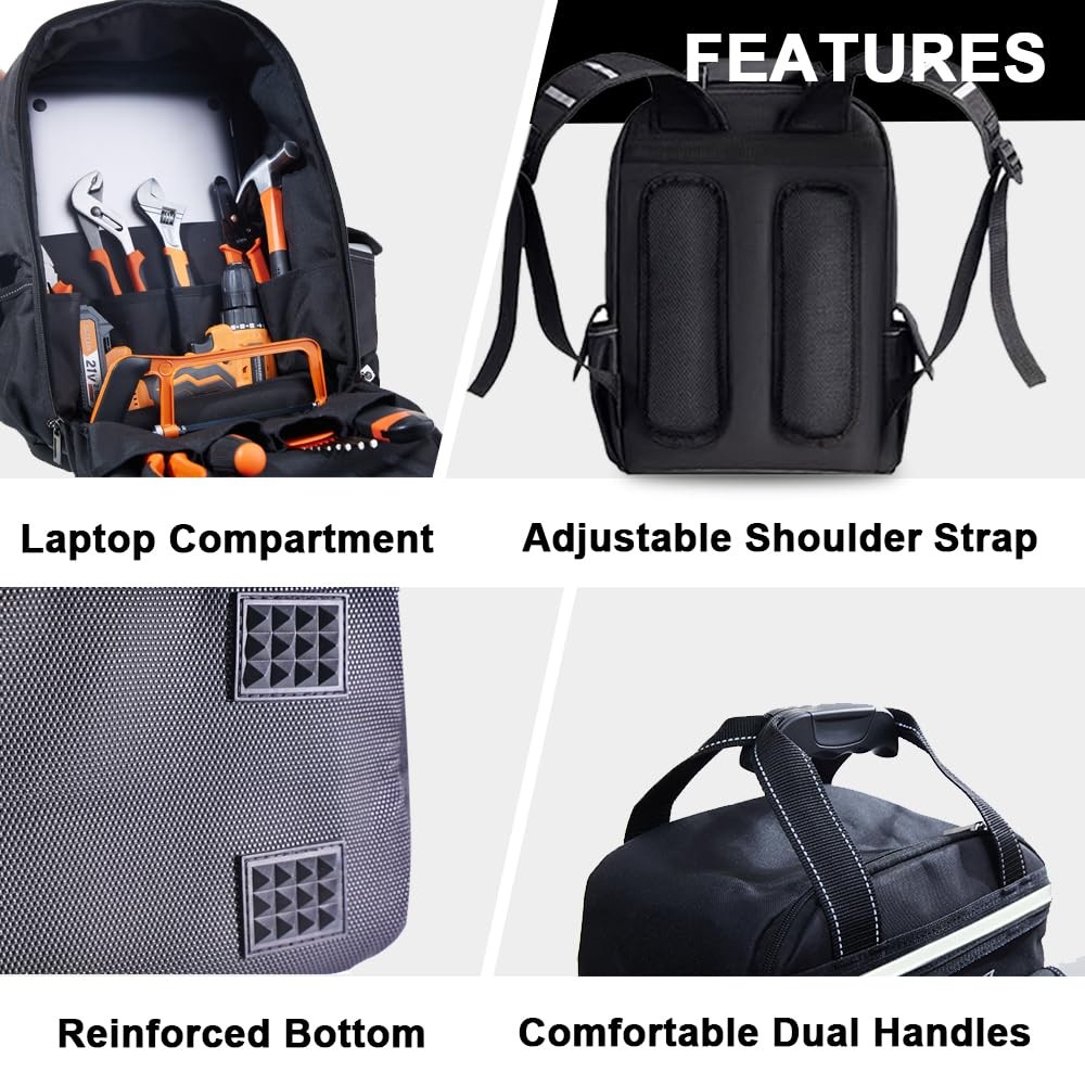 Tool Backpack for Men 18 Inch Heavy Duty Waterproof Multiple Pockets Tool Bag…