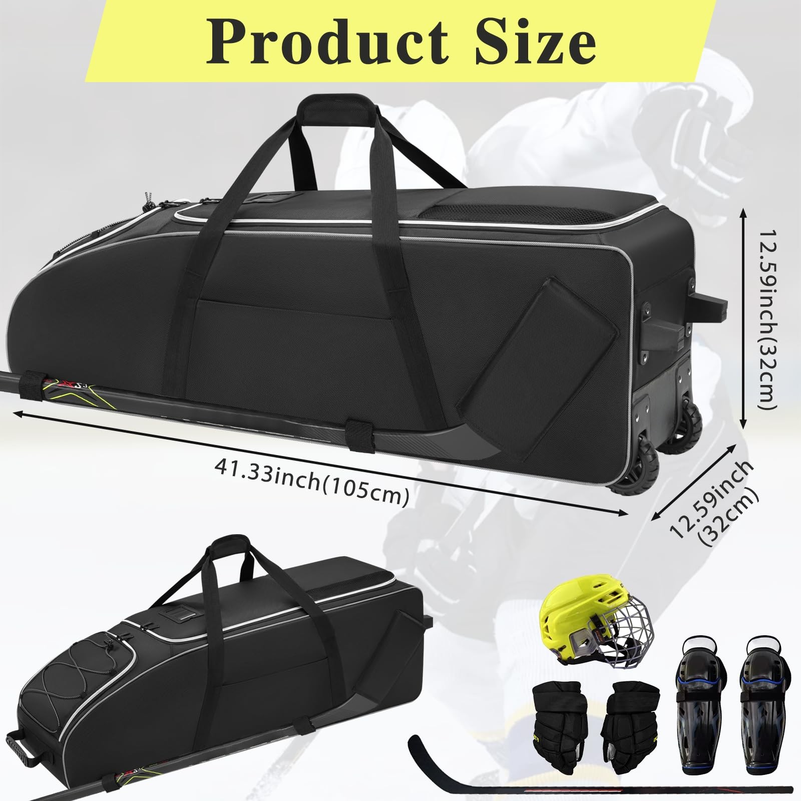 41-Inch Hockey Bag with Wheels, Large Ice Hockey Duffel Travel Bag for Equipm…