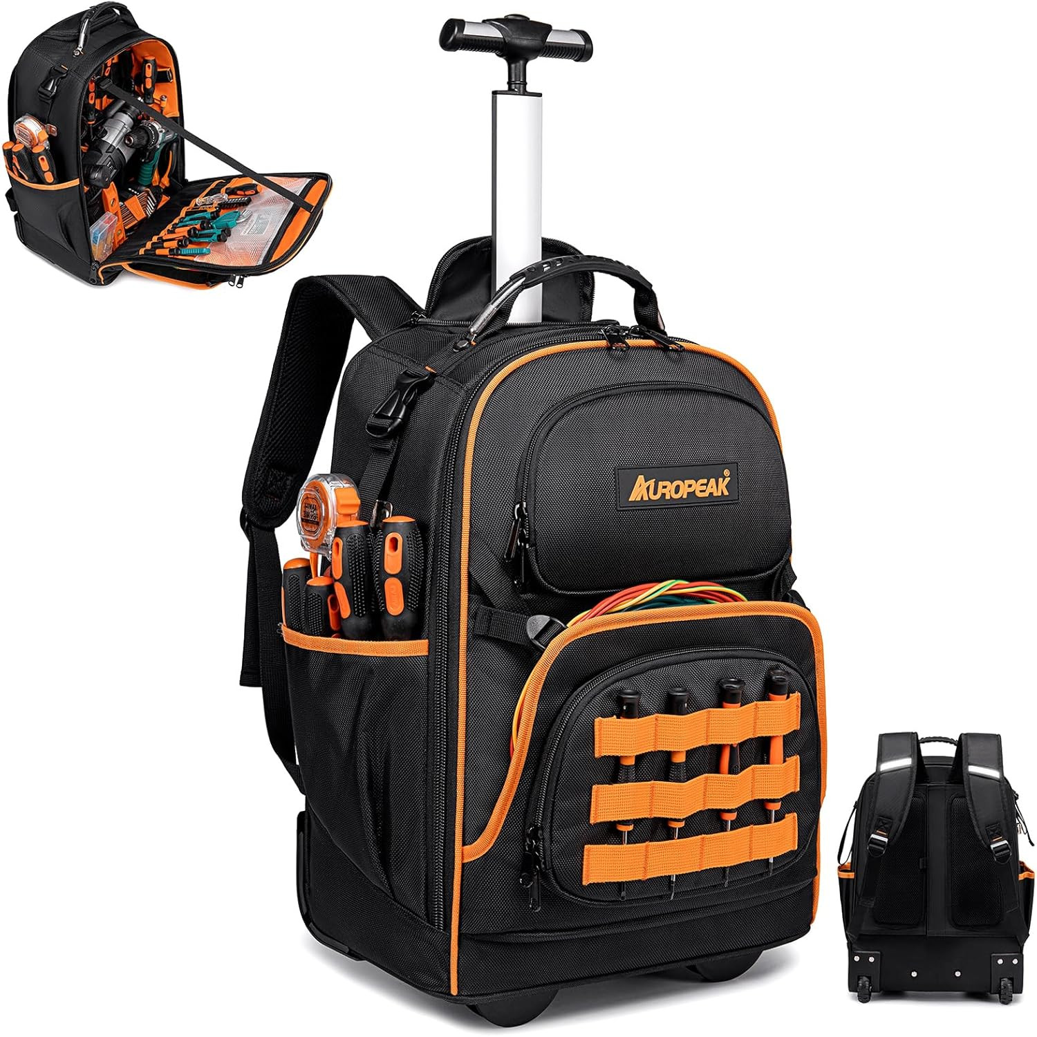 Durable 2-in-1 Rolling Tool Backpack with 47 Pockets & Smooth Wheels
