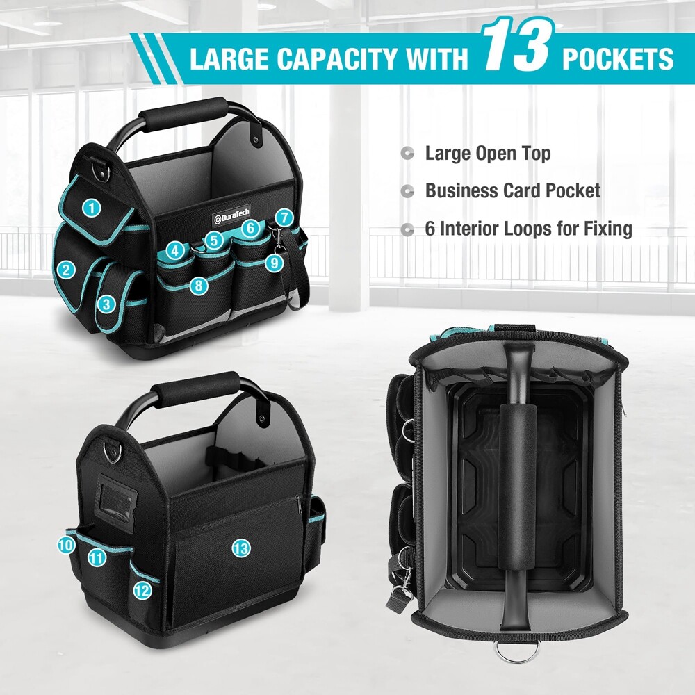 DURATECH 12 Inch Tool Tote with Waterproof Hard Bottom Electrician Tool Bag New