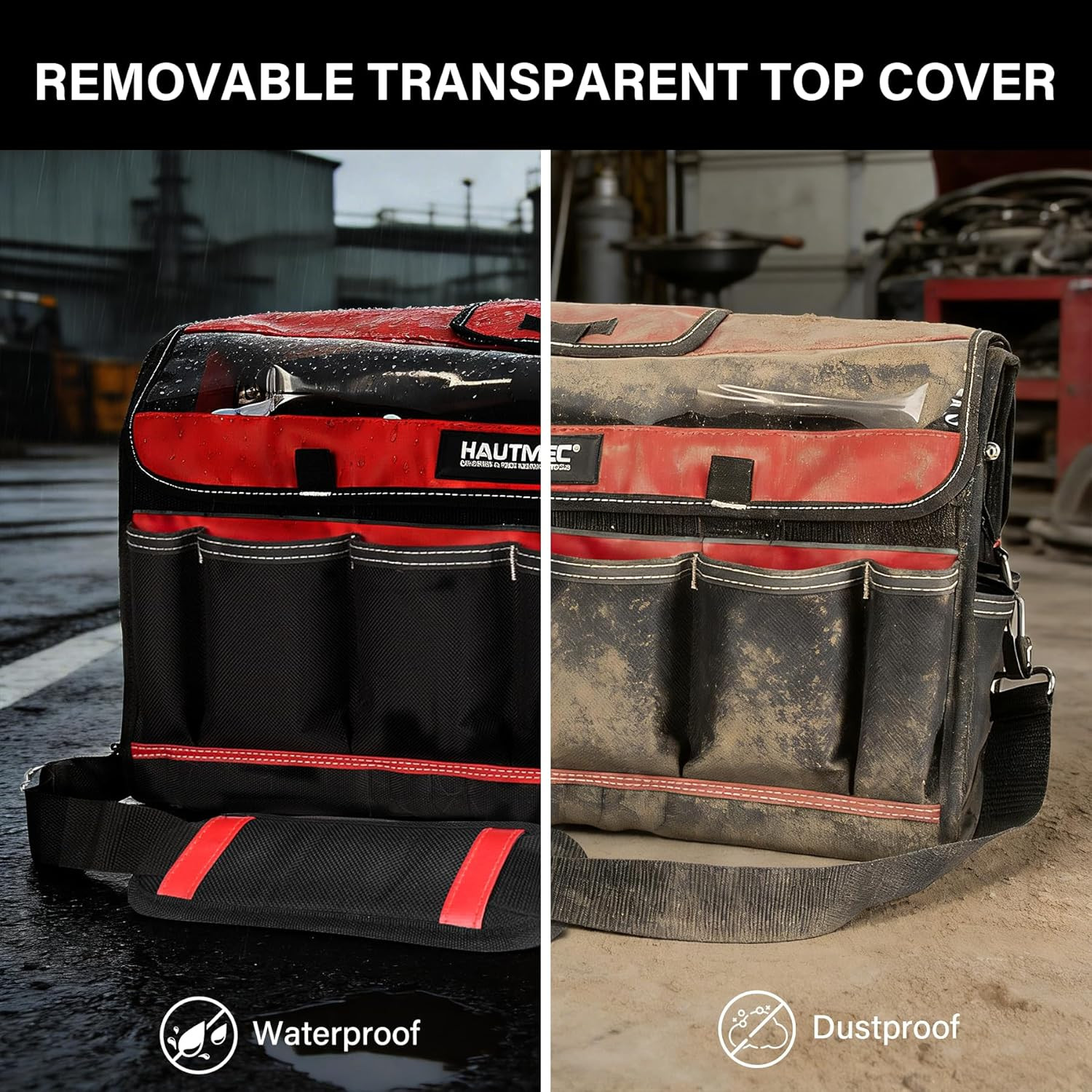 20″ Heavy-Duty Tool Tote Bag with Waterproof Clear Cover, Open Top Large Tool Ba