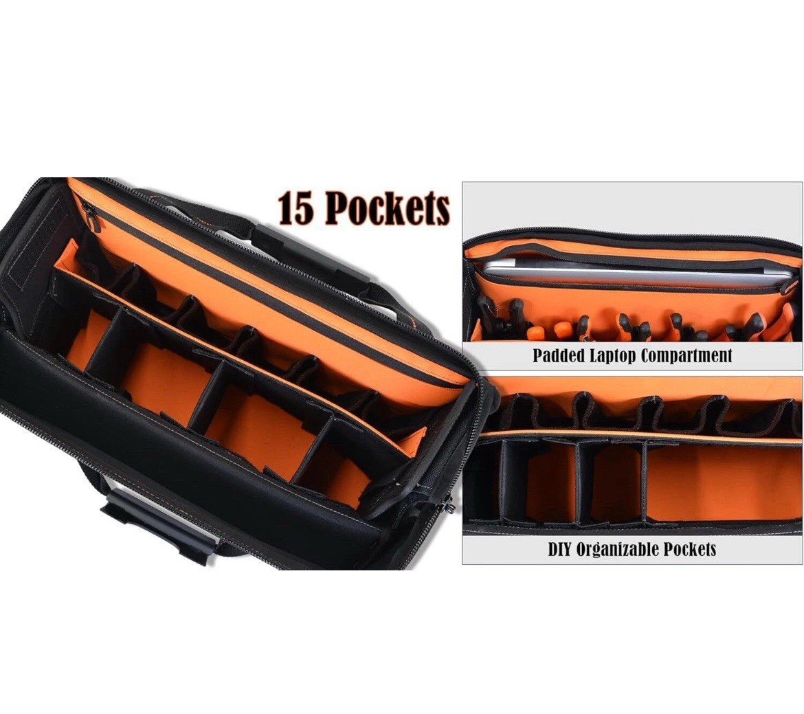 WELKINLAND 15-Pockets Electrician Tool Box Bag, Large – Open Black Orange