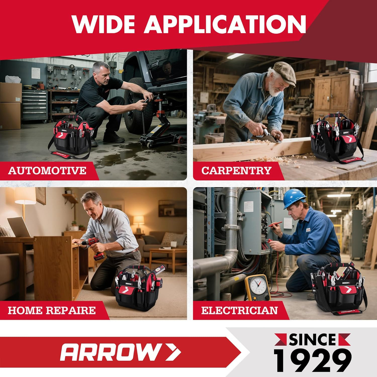 ARROW 12″ Tool Tote with Waterproof Hard Base, Electrician Tool Bag with 19 Pock