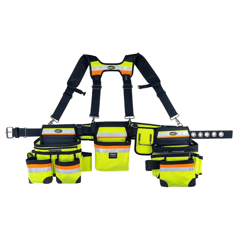 3 Bag Tool Belt with Suspenders in Safety Yellow with High-Visibility, 55185-…