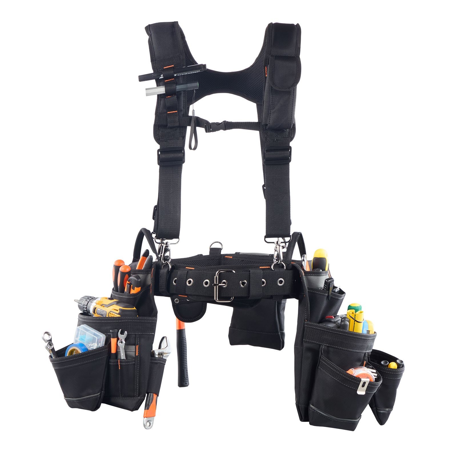 Professional Tool Belt — 19 Pockets, Suspenders, 31-51in Waist