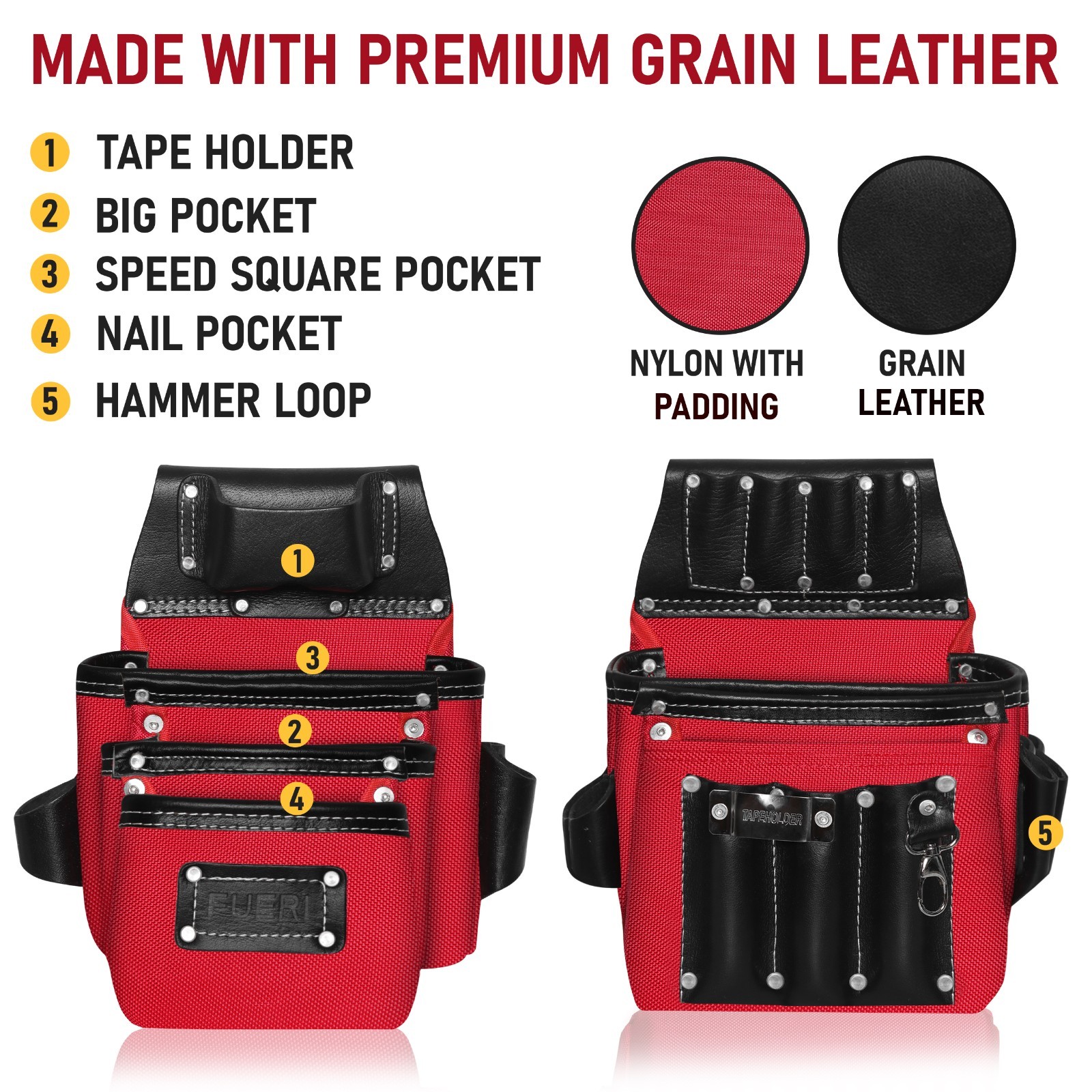FUERI Heavy Duty 26 Pocket Leather Tool Belt pouch for Men Electrician Carpenter
