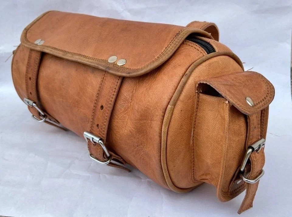 Goat Leather Motorcycle Tool Bag Vintage Strap Buckle Closure Brown Genuine