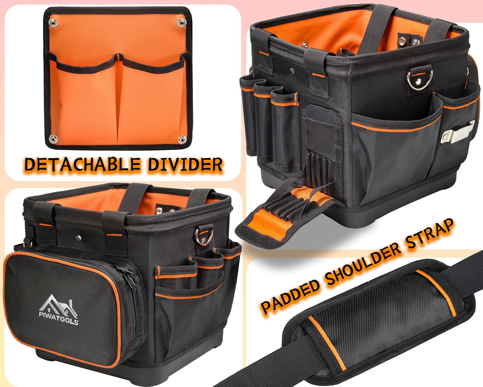 Piwatools 10-Inch Pro Compact Hard-Body Electrician Tool Bag Removable Divider