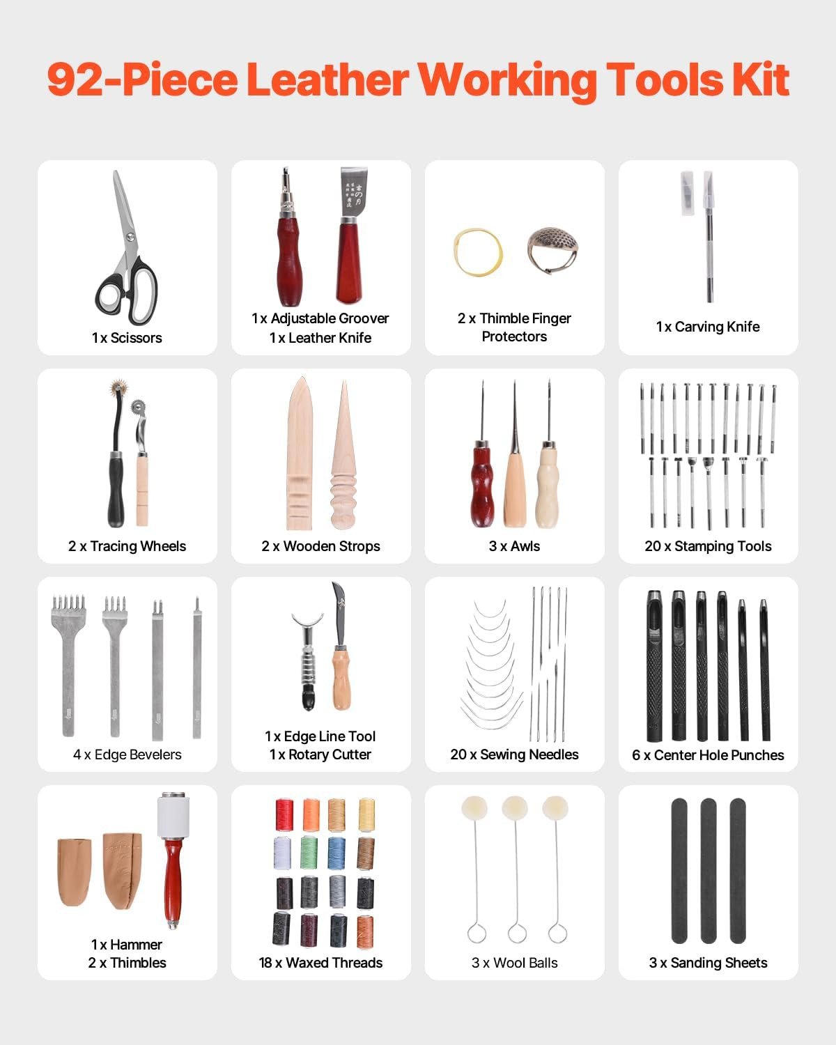 Leather Working Tools Kit, 92 PCS with Portable Leather Storage Bag, Engraving P