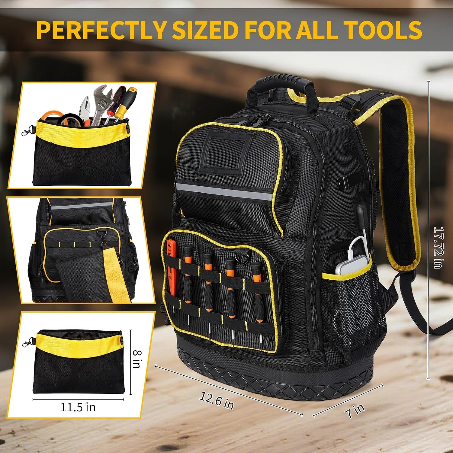 Professional 18 Inch Tool Backpack Oxford Work Bag Hard Bottom Laptop Tool Bag