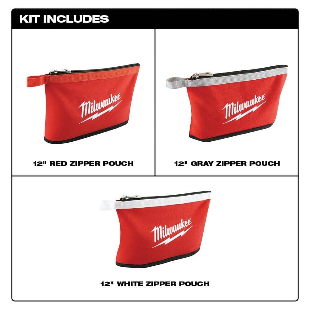 NEW Milwaukee Tool Zipper Bag 12 Inch Pouch Storage 3 Pack Red Tote Bag Durable