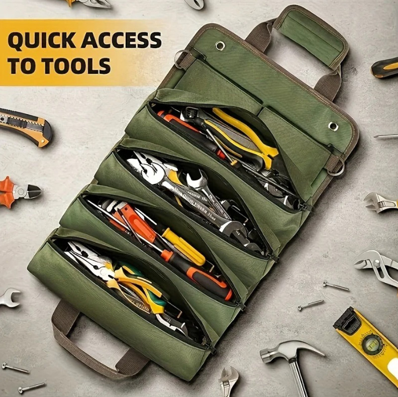 1pc Heavy-Duty Roll-Up Tool Bag Oxford Cloth Multi-Pocket Tool Organizer – NEW