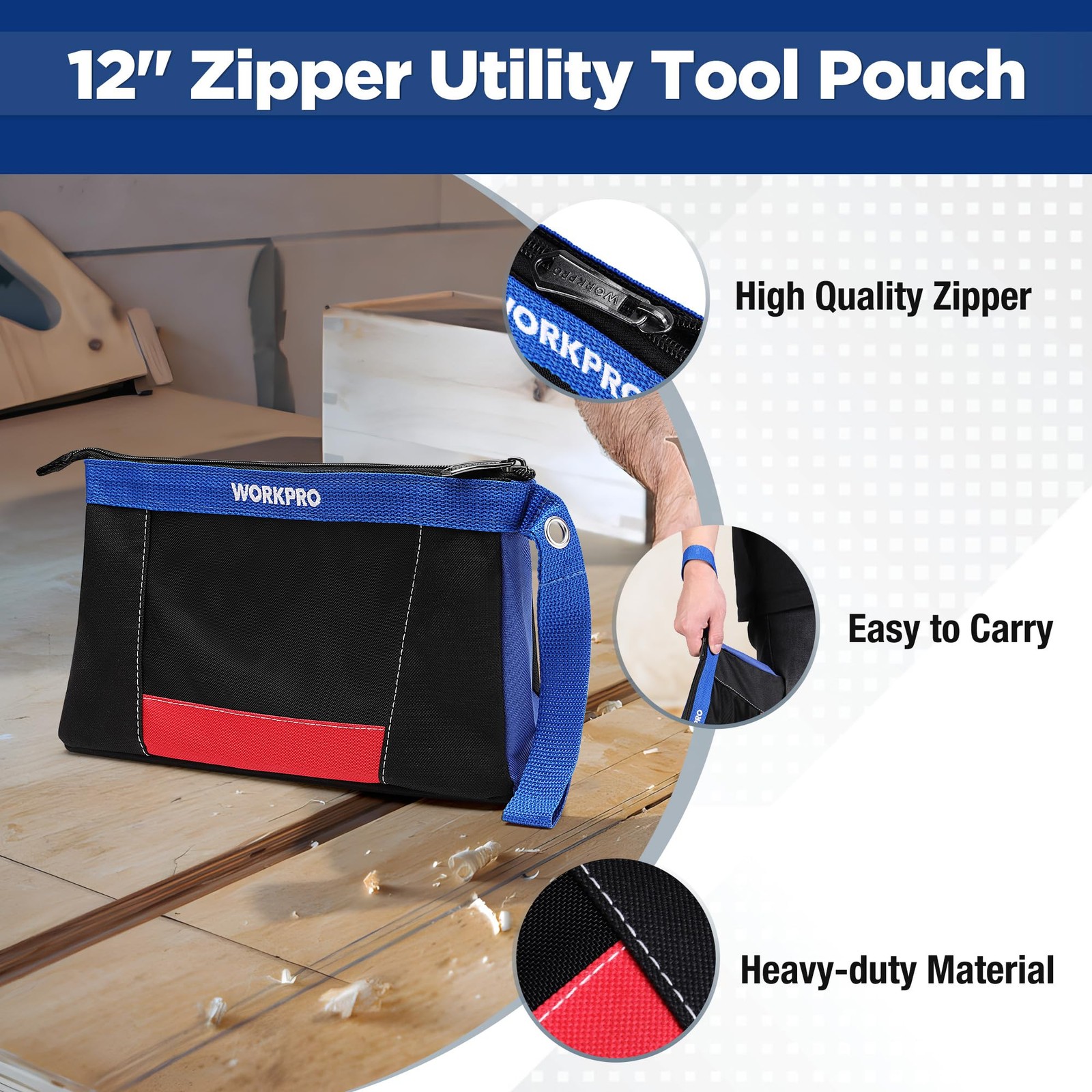 WORKPRO 12″ Tool Pouches with Zipper, Utility Bag 7 x 12 x 3 inches, Black