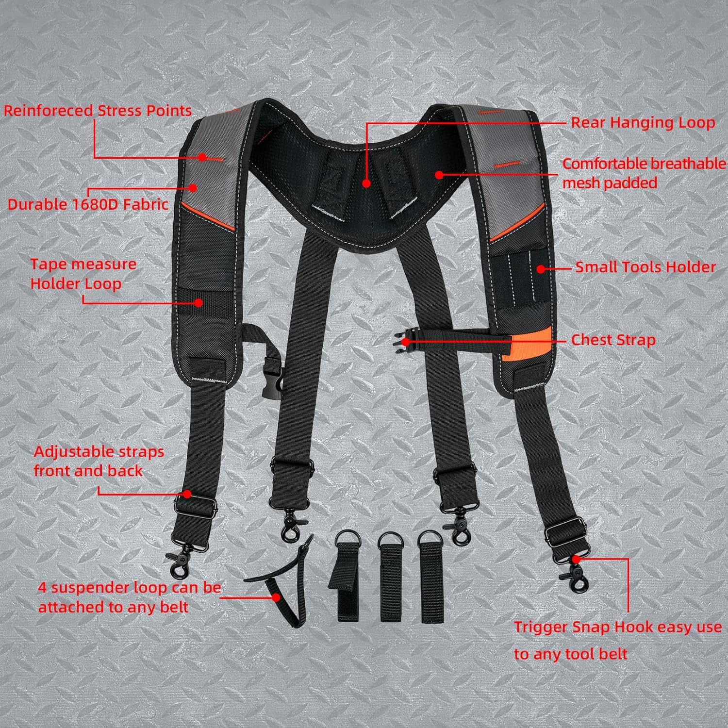 Comfortable Padded Tool Belt Suspenders with Phone Case & Attachment Loops