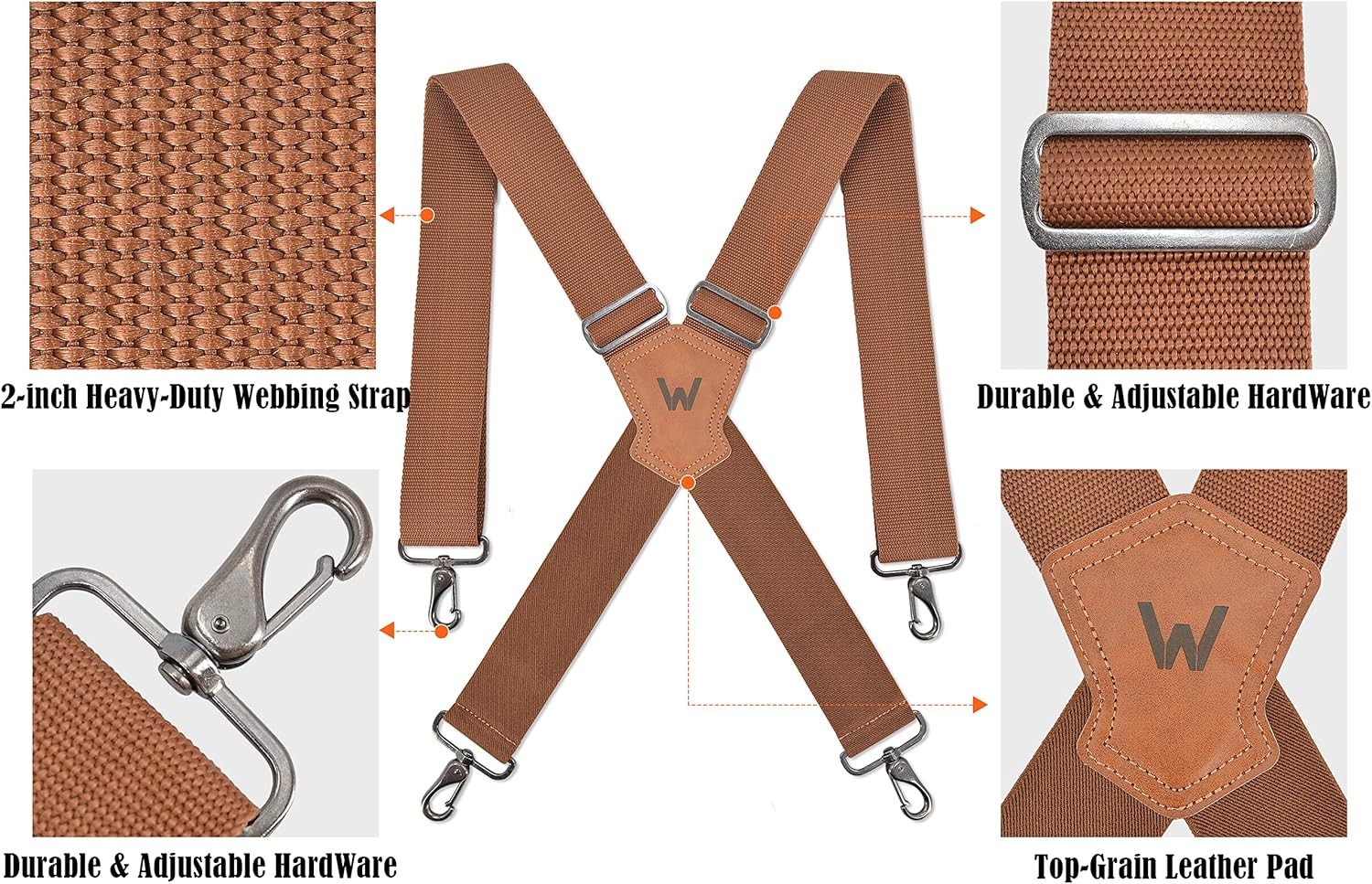 WELKINLAND Brown 2 inch wide suspenders, Heavy duty work suspenders for men,…