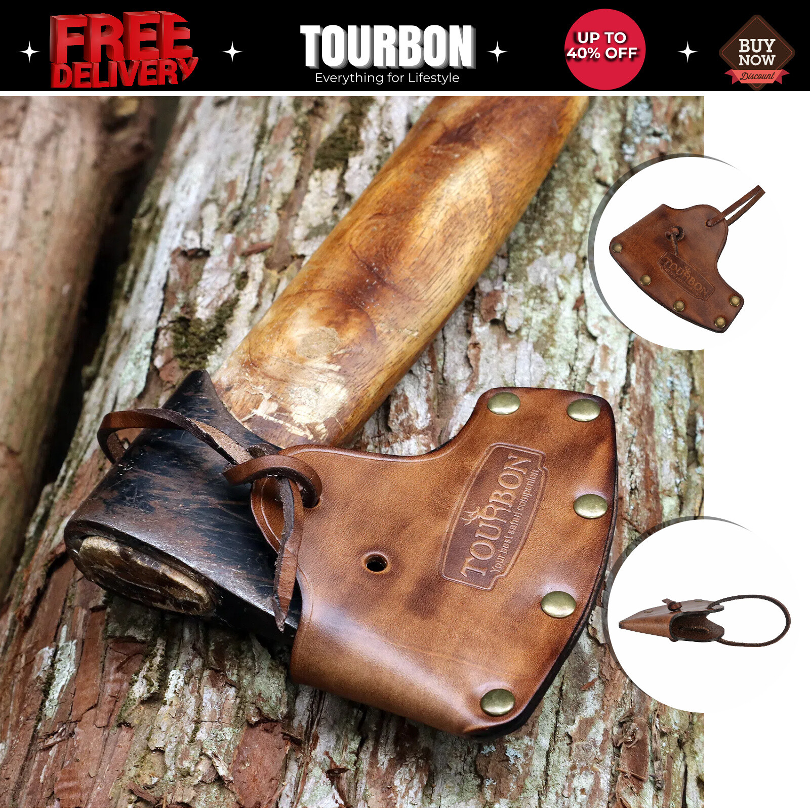 TOURBON Axe Holder Hatchet Lanyard Blade Sheath Head Cover-Cowhide Leather Craft