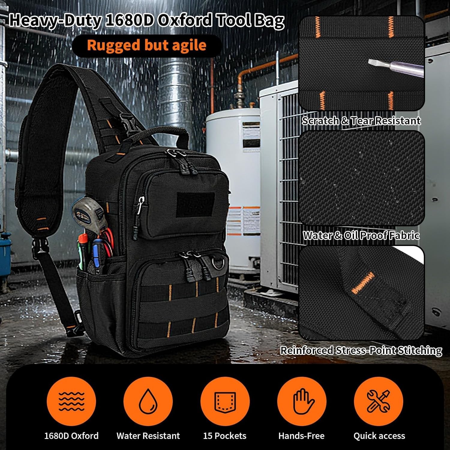 Electrician HVAC Tool Chest Bag Waterproof 15 Pocket Pouch for DIY Professionals