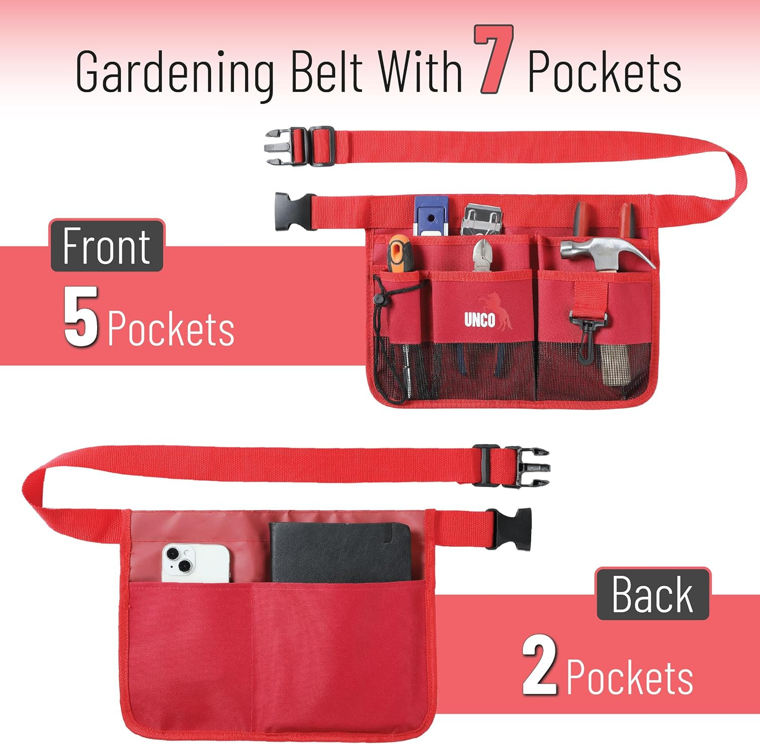 – Adjustable Gardening Belt, Red, 7 Pockets, Wear, Cut and Water Resistant, Gard