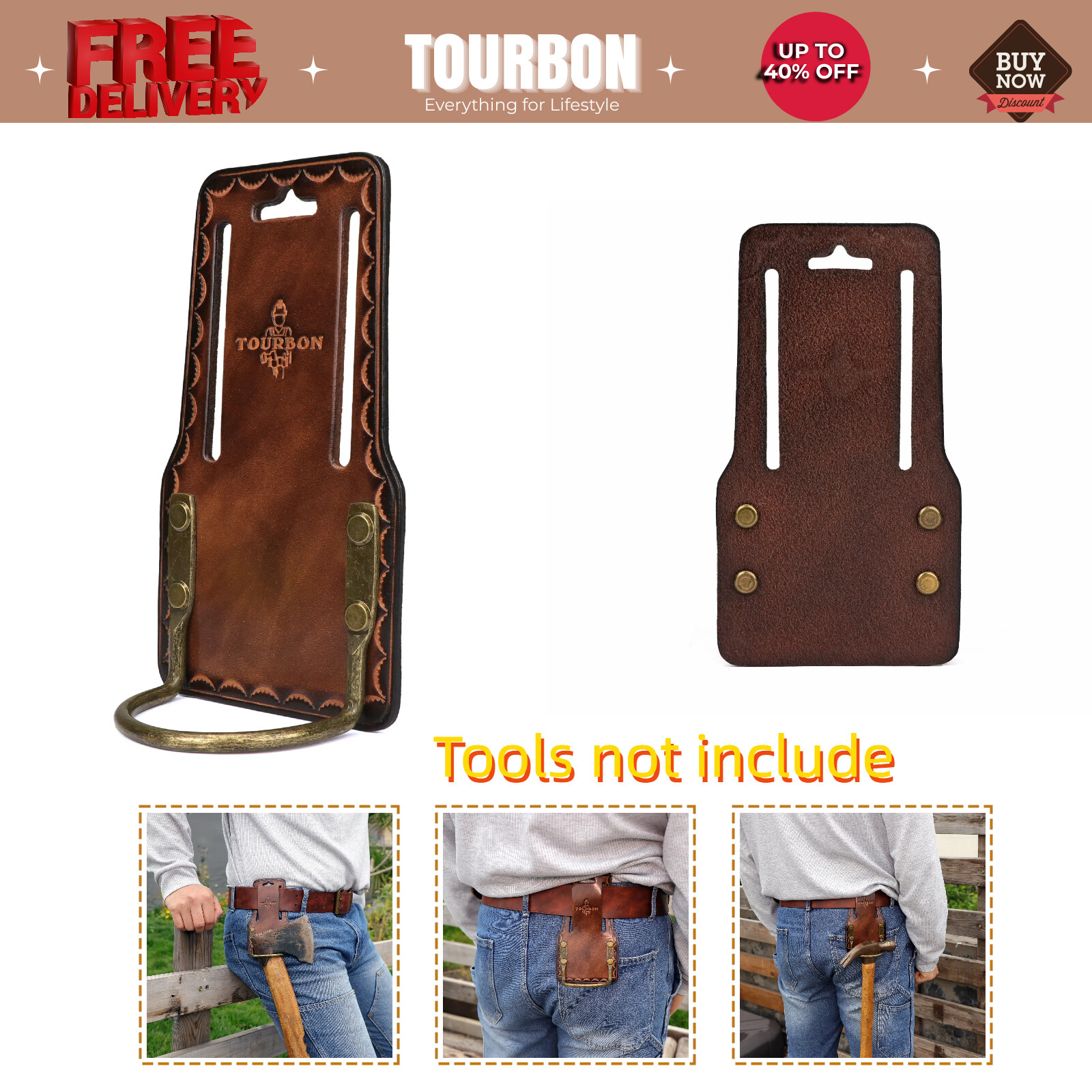 Tourbon Leather Hammer Hanger Drill Holder Axe Holster Fit 3″ Belt Heavy Duty