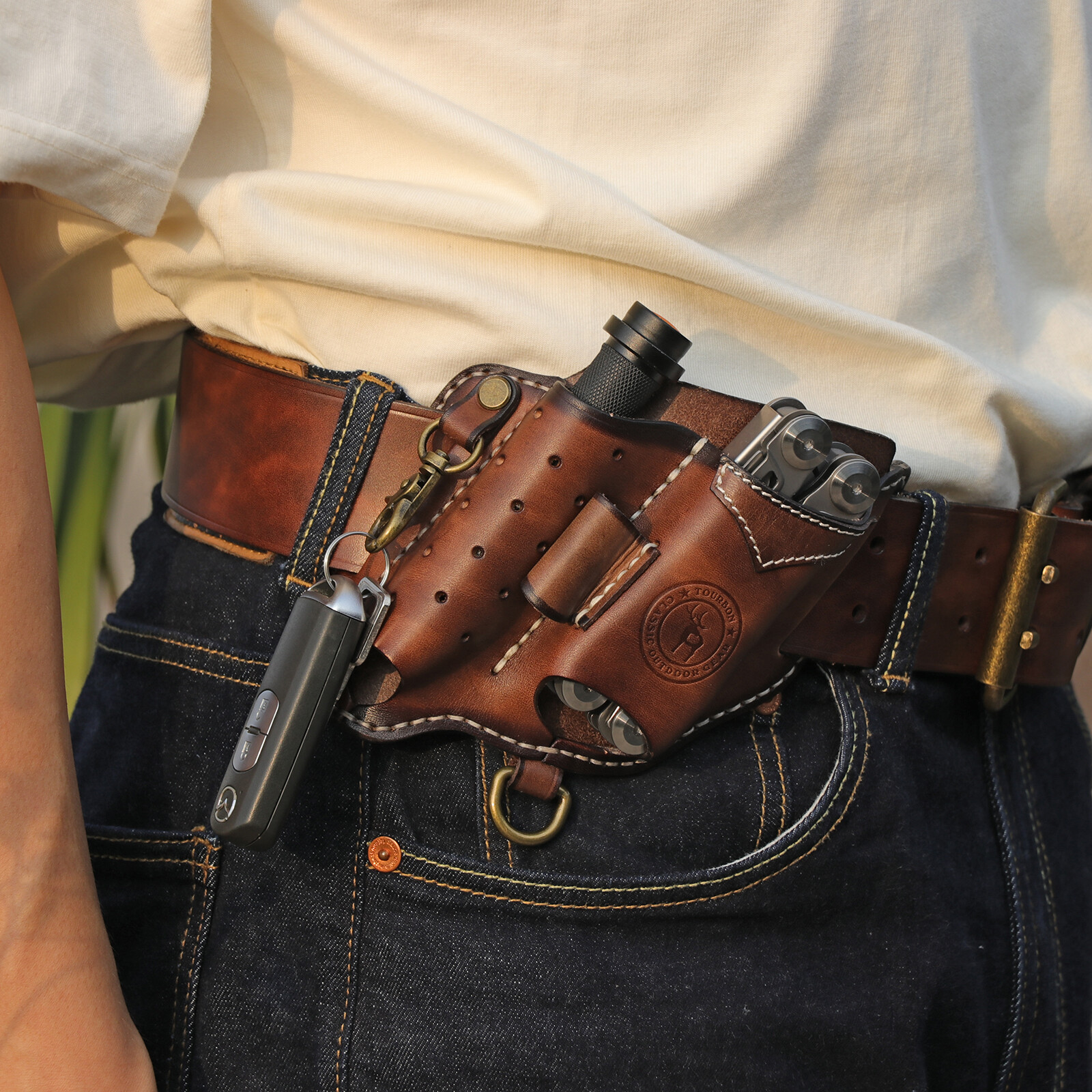 TOURBON Leather EDC Multitool Pouch Flashlight Holder Knife Belt Holster Camping