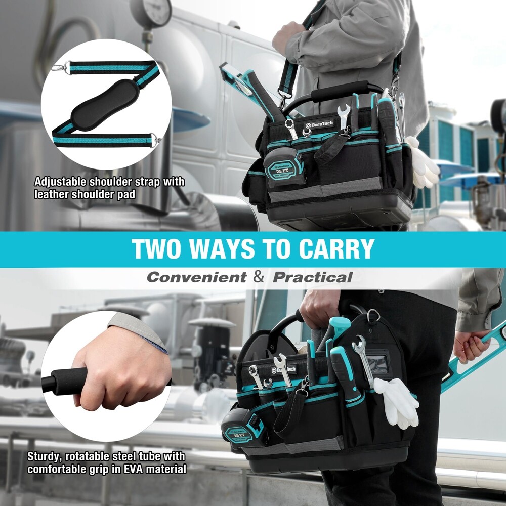 DURATECH 12 Inch Tool Tote with Waterproof Hard Bottom Electrician Tool Bag New