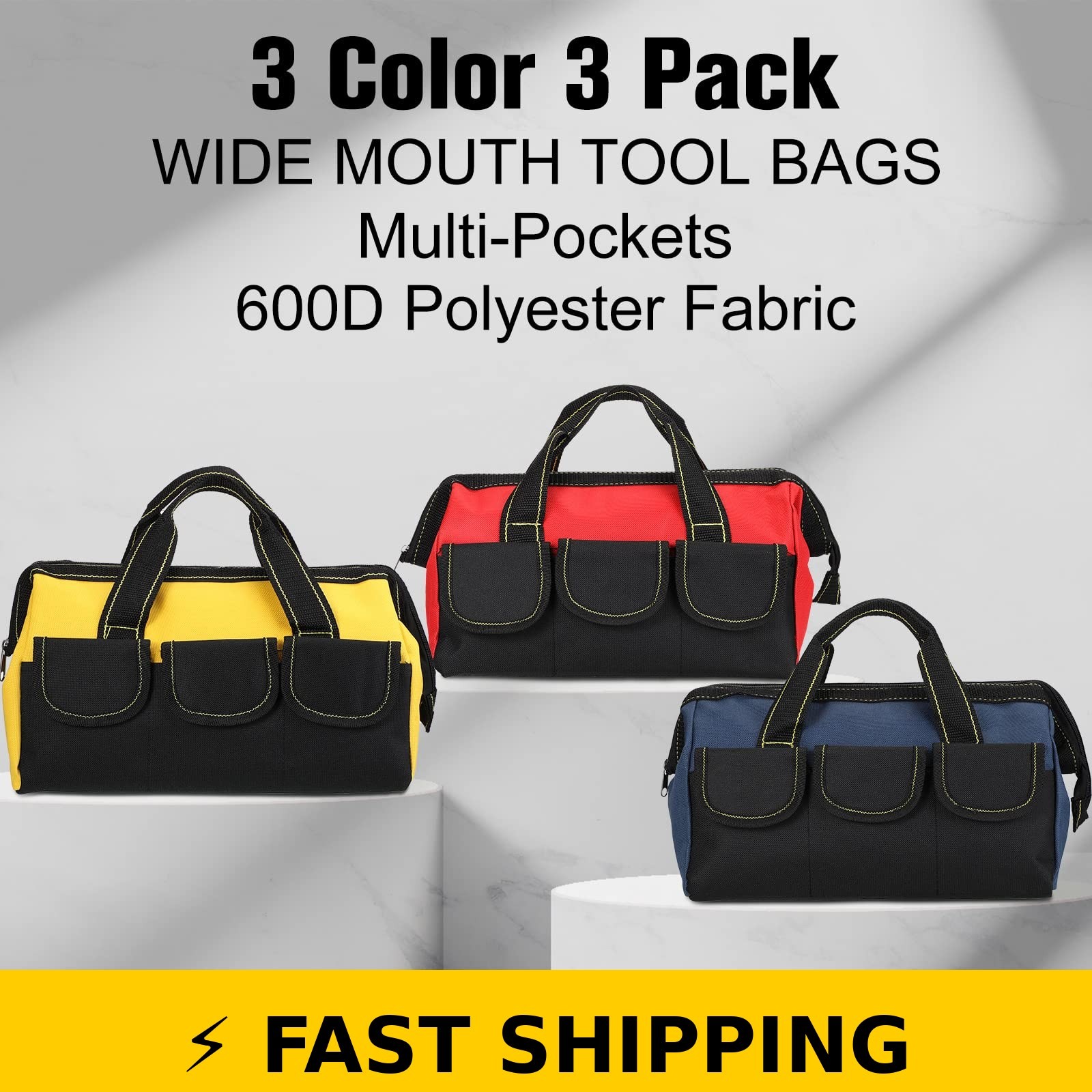 Sanwuta 3 Pack Tool Bags – Waterproof Heavy Duty Tote (Blue, Red, Yellow)