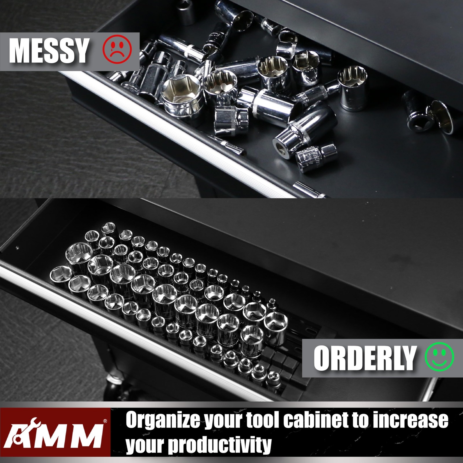 AMM 9-Piece Socket Organizer, 1/2 inch, 3/8 inch and 1/4 9PC, BLACK