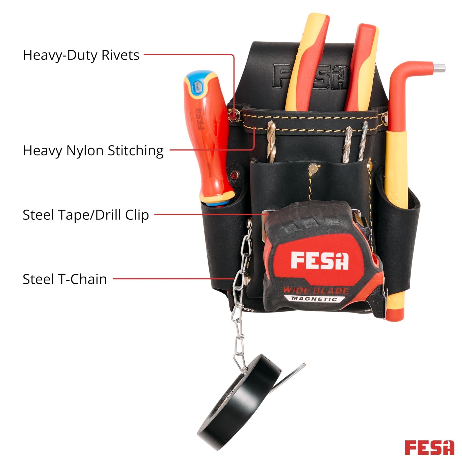 Small Electrician Tool Pouch – 7-in-1 Leather Organizer with Clips & 5 Pockets