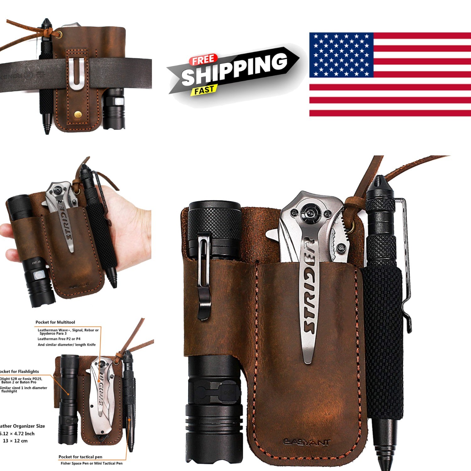 Men Leather EDC Organizer Sheath Handmade Tactical Tool Pouch with Belt Clip
