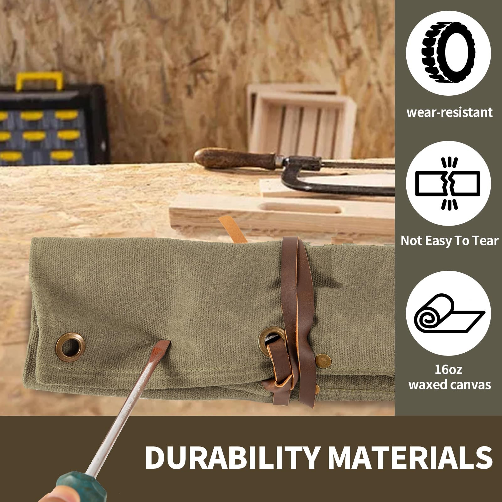 Chisel Roll,6 Pockets Roll Up Tool Pouch,Waxed Canvas Small khaki