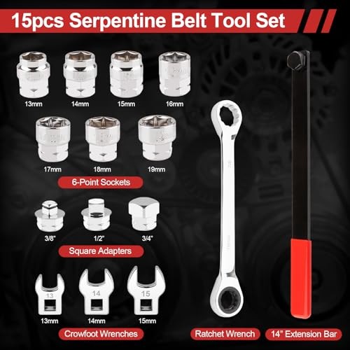 15PCS Serpentine Belt Tool Set, Professional Ratcheting Serpentine Belt