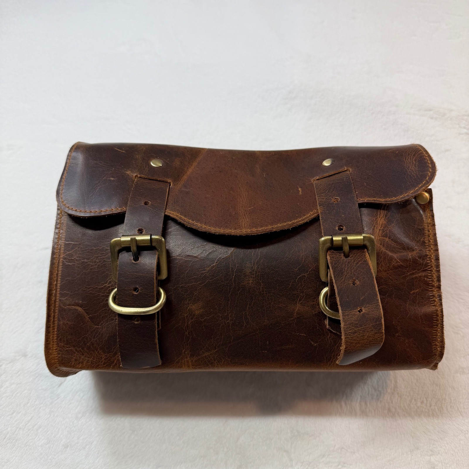Unbranded Leather Handlebar Tool Bag Brown Good Distressed Buckle Moto Accessory