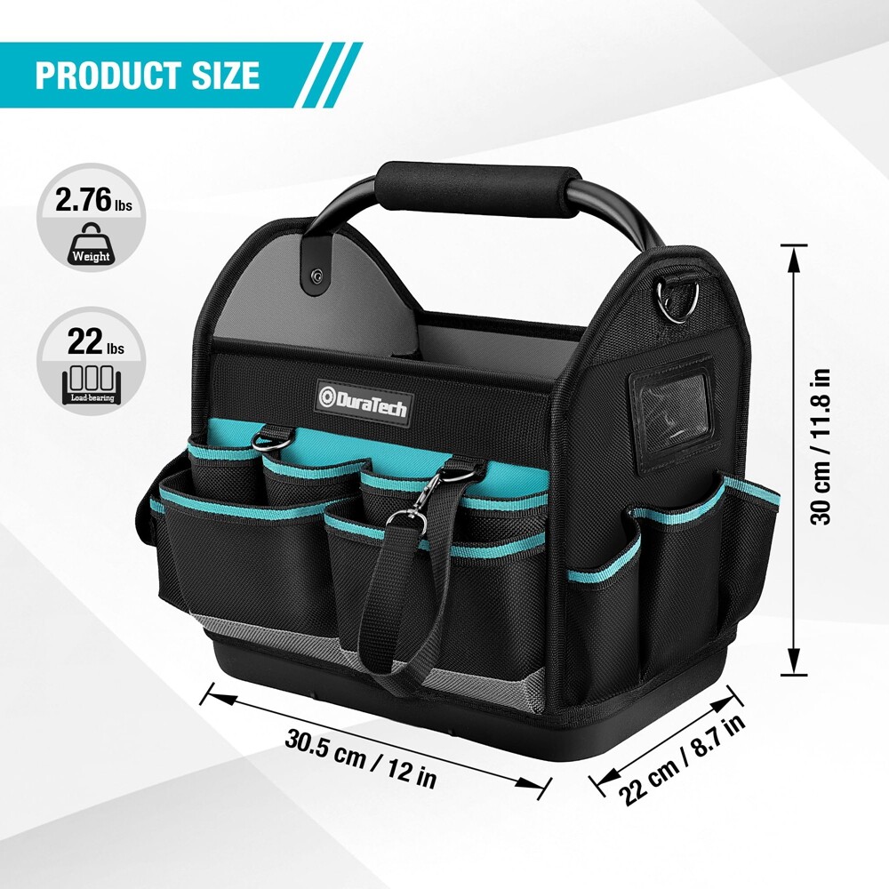 DURATECH 12 Inch Tool Tote with Waterproof Hard Bottom Electrician Tool Bag New