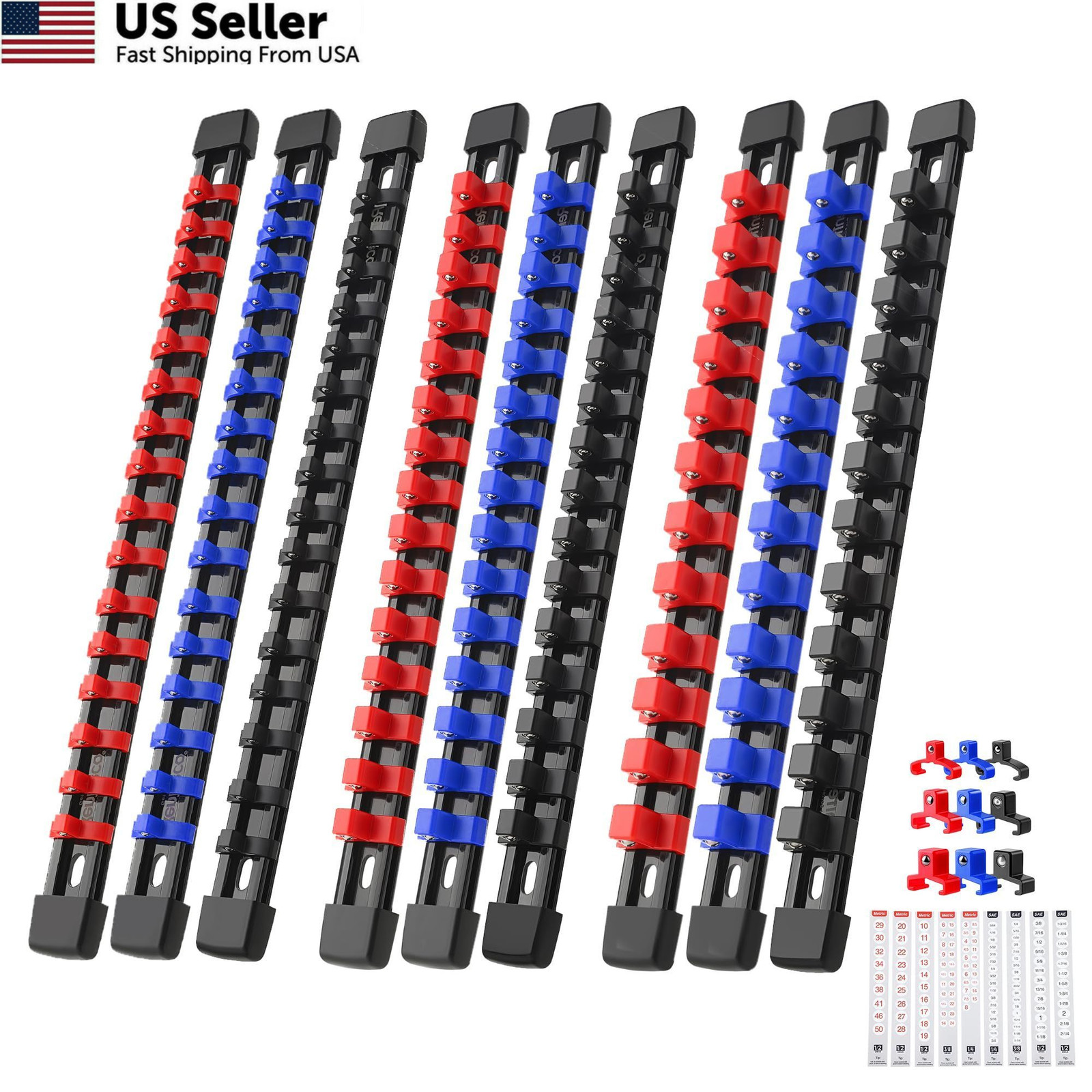 Reniteco 9-Piece Socket Organizer Set – 1/4-Inch x 48 9 Pcs, Blue&red&black