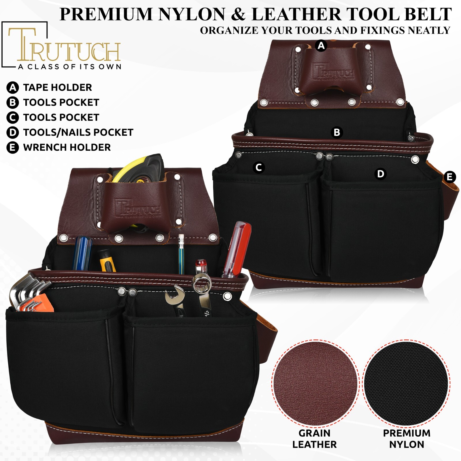 TRUTUCH Nylon and Leather Tool Belt | Framing Tool Bags | Nylon Tool Pouch